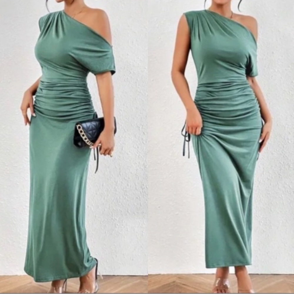 Luxe one shoulder ruched solid maxi dress - Picture 2 of 14